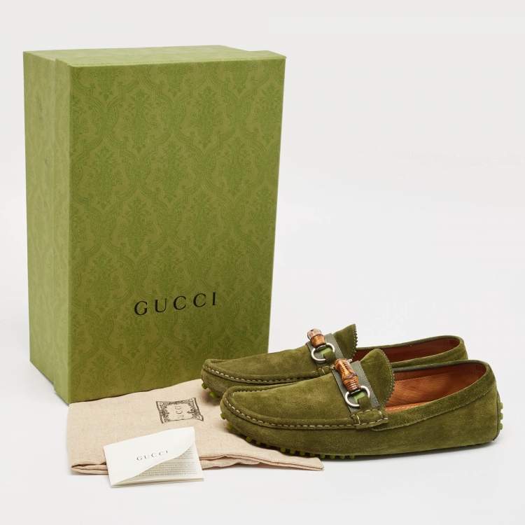 Pre Owned Gucci Green Suede Bamboo Horsebit Loafers Size 44