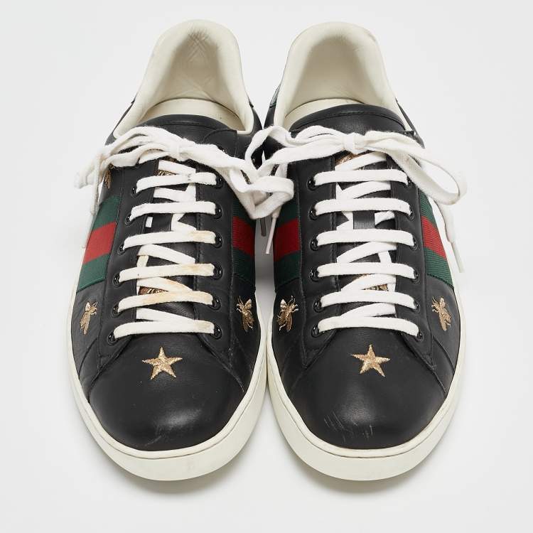 Pre Owned Gucci Black Leather Bee Ace Low Top Sneakers Size 44.5