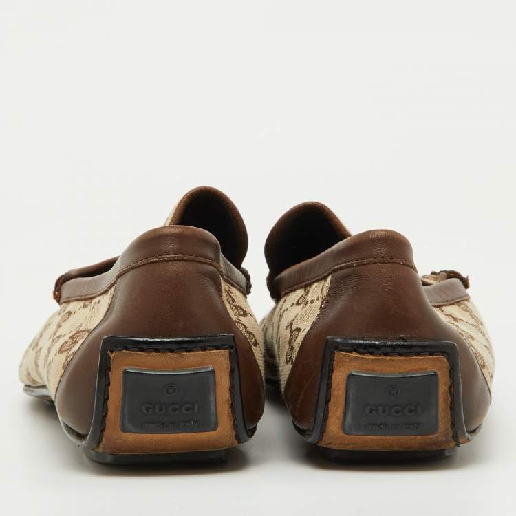Pre Owned Gucci Beige GG Canvas and Leather Slip On Loafers Size 43.5