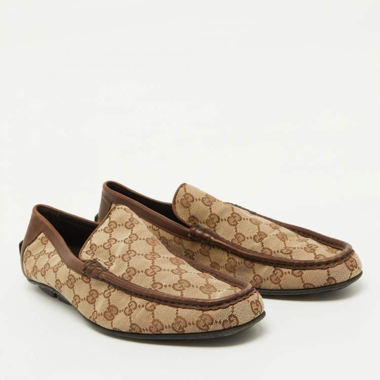 Pre Owned Gucci Beige GG Canvas and Leather Slip On Loafers Size 43.5