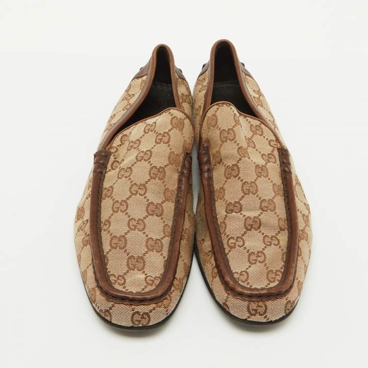 Pre Owned Gucci Beige GG Canvas and Leather Slip On Loafers Size 43.5