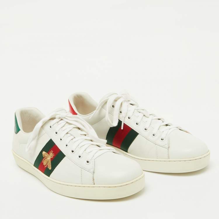 Pre Owned Gucci White Leather Bee Embroidered Ace Web Low Top Sneakers Size 45.5