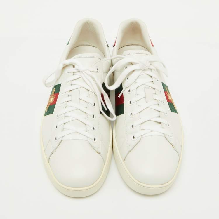 Pre Owned Gucci White Leather Bee Embroidered Ace Web Low Top Sneakers Size 45.5