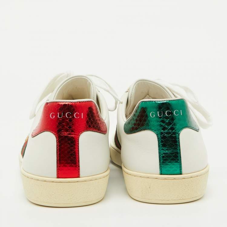 Pre Owned Gucci White Leather Bee Embroidered Ace Web Low Top Sneakers Size 45.5