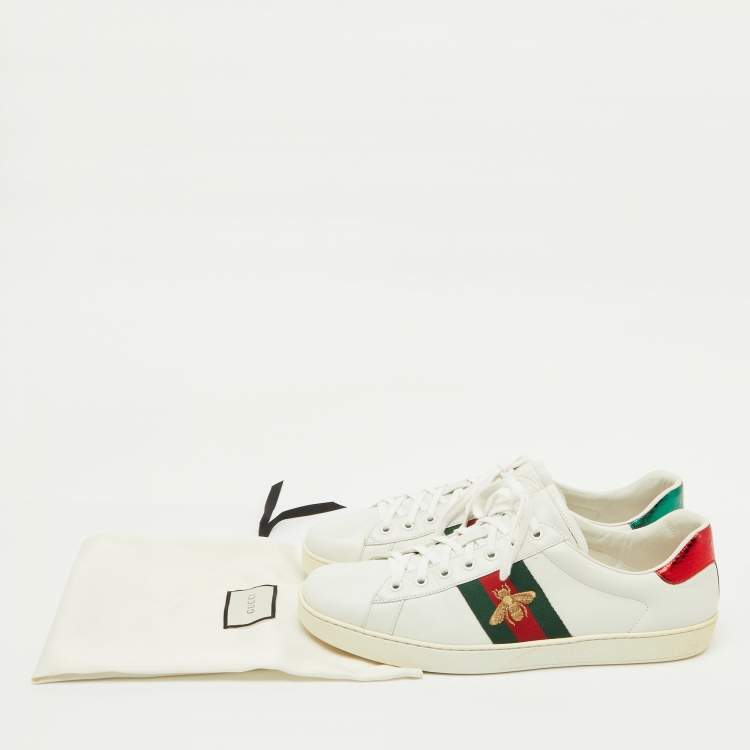 Pre Owned Gucci White Leather Bee Embroidered Ace Web Low Top Sneakers Size 45.5