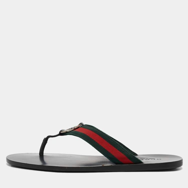 Pre Owned Gucci Black Leather GG Web Thong Flat Slides Size 43.5