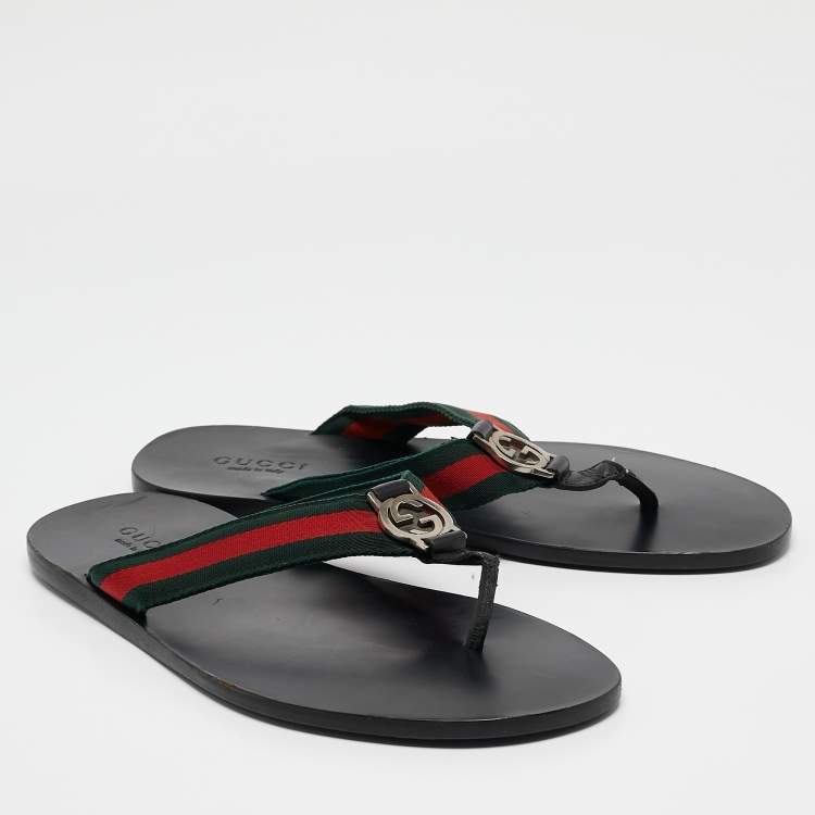 Pre Owned Gucci Black Leather GG Web Thong Flat Slides Size 43.5