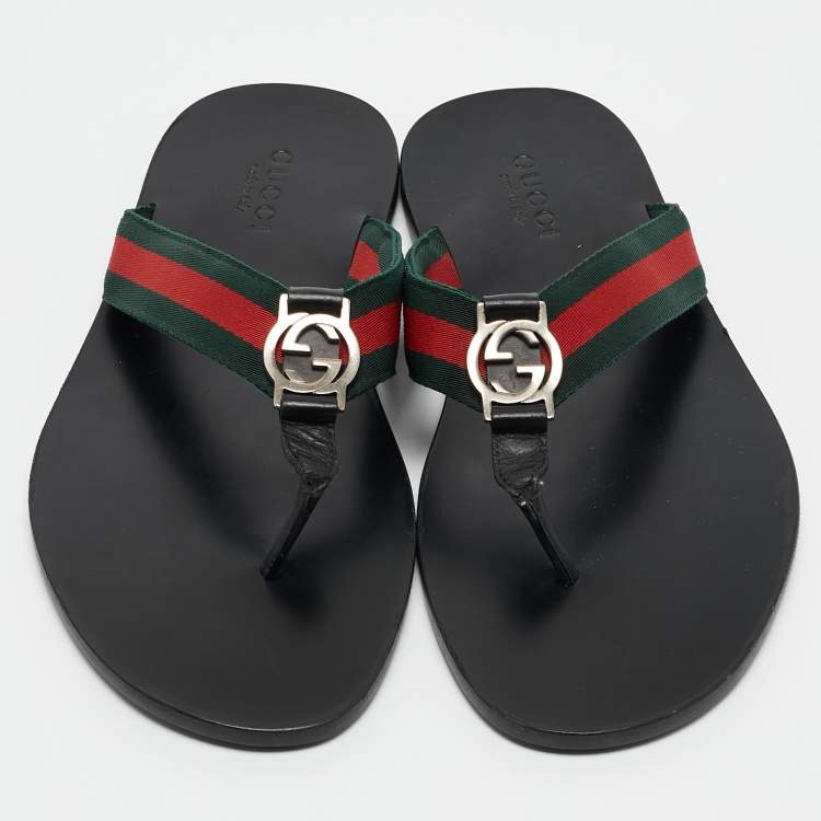 Pre Owned Gucci Black Leather GG Web Thong Flat Slides Size 43.5