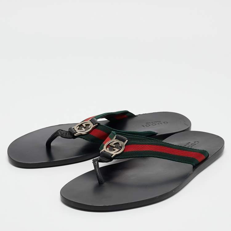 Pre Owned Gucci Black Leather GG Web Thong Flat Slides Size 43.5