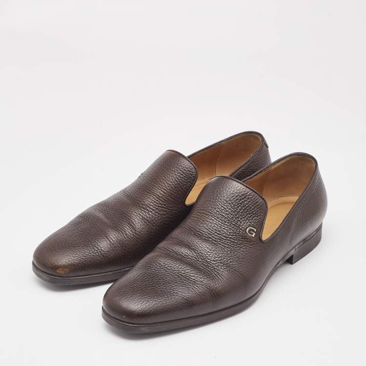 Pre Owned Gucci Brown Leather Slip On Loafers Size 40.5