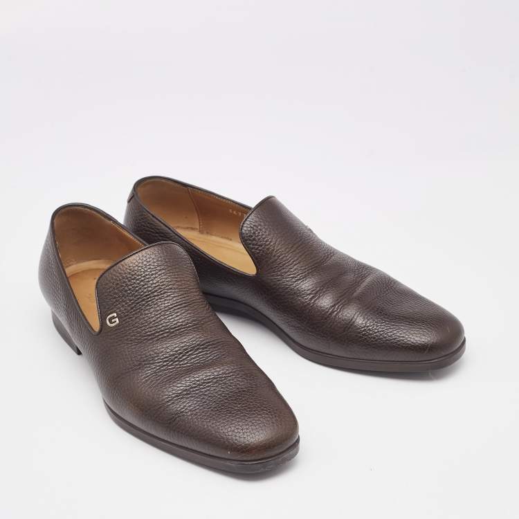 Pre Owned Gucci Brown Leather Slip On Loafers Size 40.5