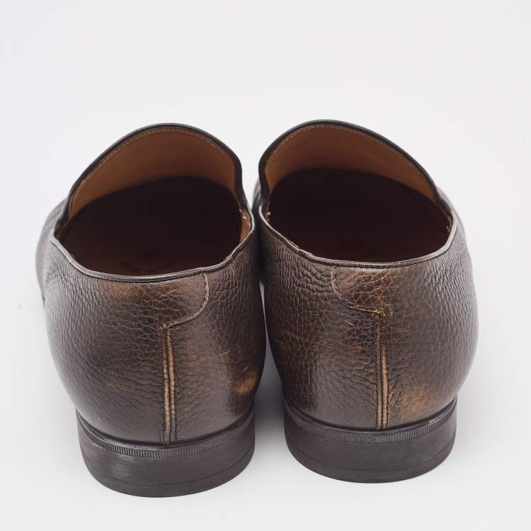 Pre Owned Gucci Brown Leather Slip On Loafers Size 40.5