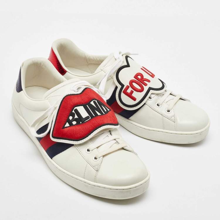Pre Owned Gucci White Leather Ace Blind For Love Patch Low Top Sneakers Size 43