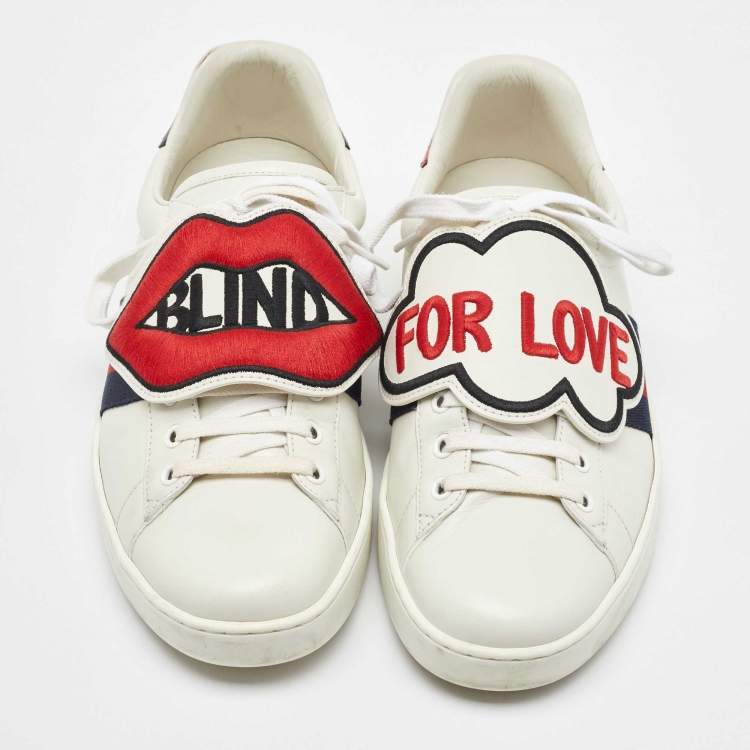 Pre Owned Gucci White Leather Ace Blind For Love Patch Low Top Sneakers Size 43
