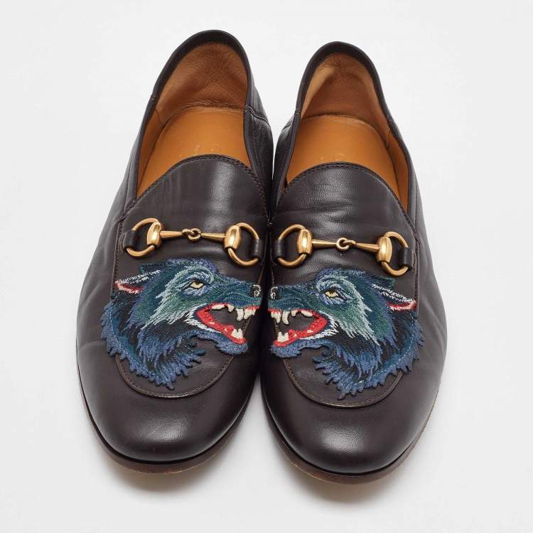 Pre Owned Gucci Dark Brown Leather Brixton Wolf Applique Horsebit Loafers Size 41.5