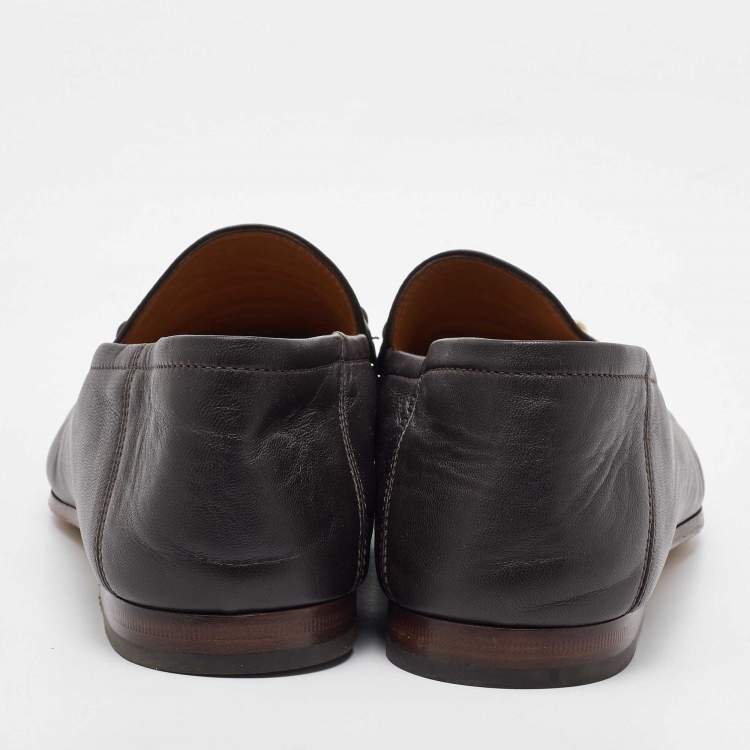 Pre Owned Gucci Dark Brown Leather Brixton Wolf Applique Horsebit Loafers Size 41.5