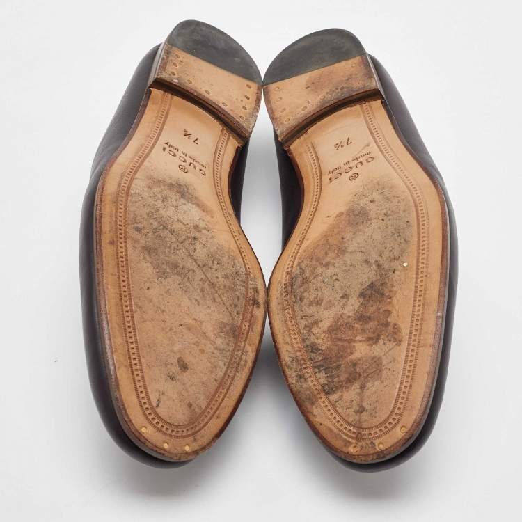 Pre Owned Gucci Dark Brown Leather Brixton Wolf Applique Horsebit Loafers Size 41.5