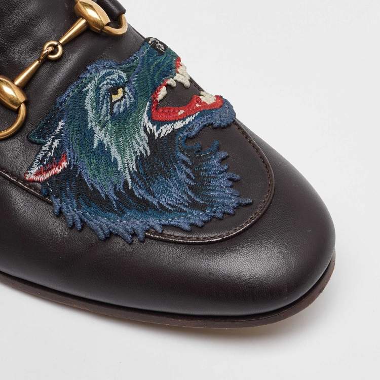 Pre Owned Gucci Dark Brown Leather Brixton Wolf Applique Horsebit Loafers Size 41.5