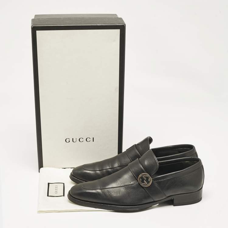 Pre Owned Gucci Black Leather Interlocking G Loafers Size 42