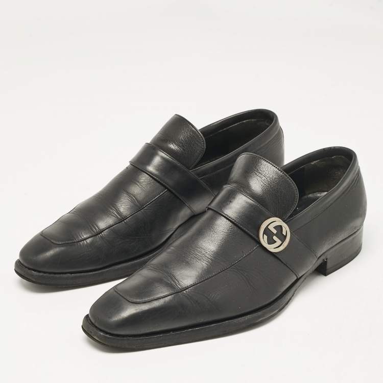Pre Owned Gucci Black Leather Interlocking G Loafers Size 42