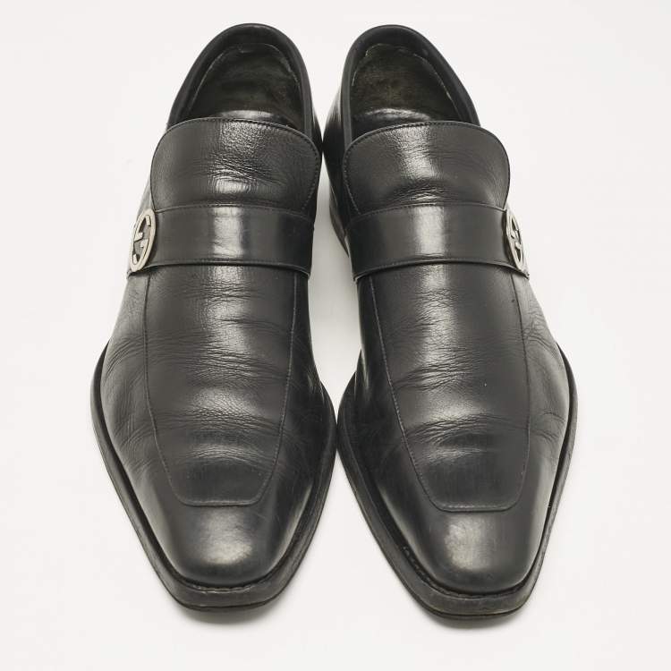 Pre Owned Gucci Black Leather Interlocking G Loafers Size 42