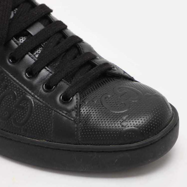Pre Owned Gucci Black Perforated GG Embossed Leather Ace Low Top Sneakers Size 42