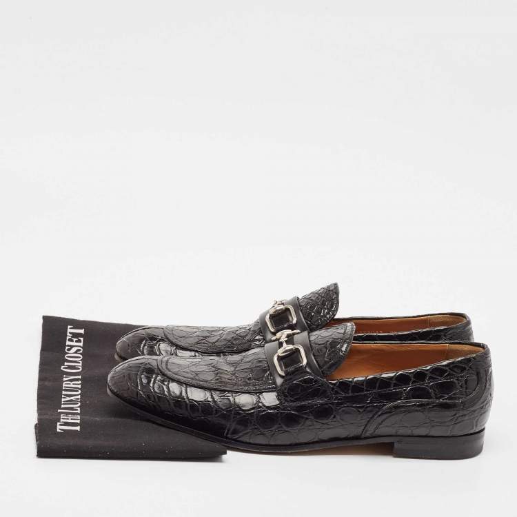 Pre Owned Gucci Black Alligator Leather Horsebit Slip On Loafers Size 43.5