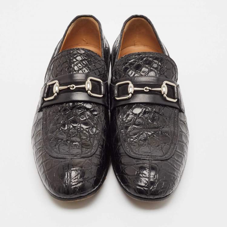 Pre Owned Gucci Black Alligator Leather Horsebit Slip On Loafers Size 43.5