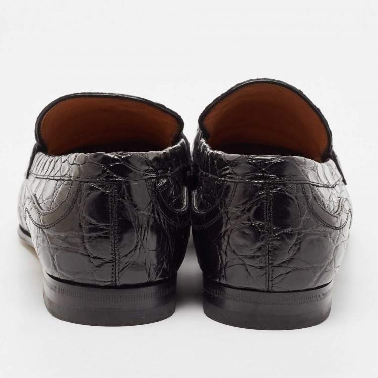 Pre Owned Gucci Black Alligator Leather Horsebit Slip On Loafers Size 43.5