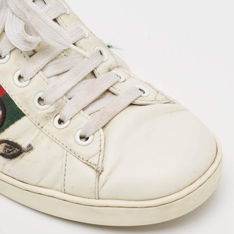 Pre Owned Gucci White Leather and Python Embossed Embroidered Snake Ace Sneakers Size 41