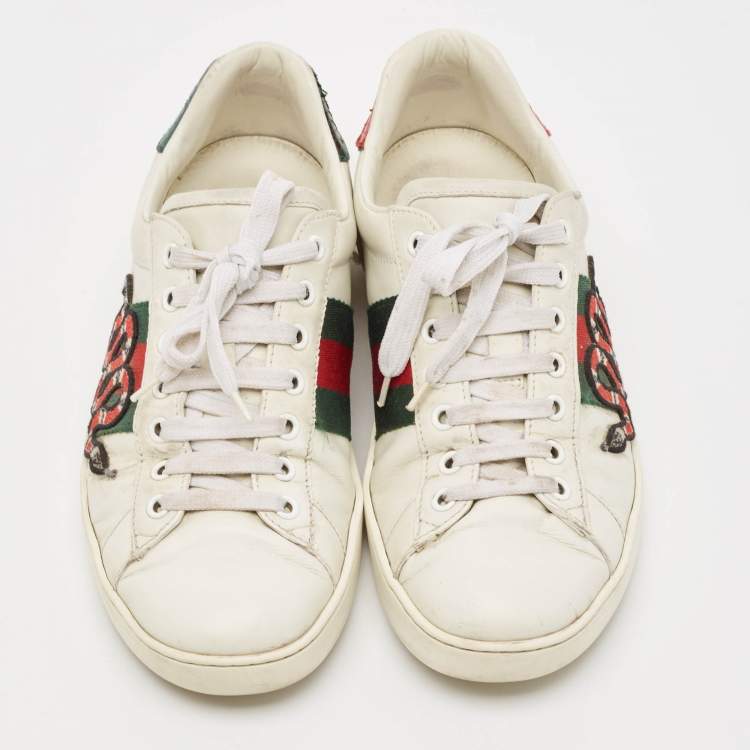 Pre Owned Gucci White Leather and Python Embossed Embroidered Snake Ace Sneakers Size 41