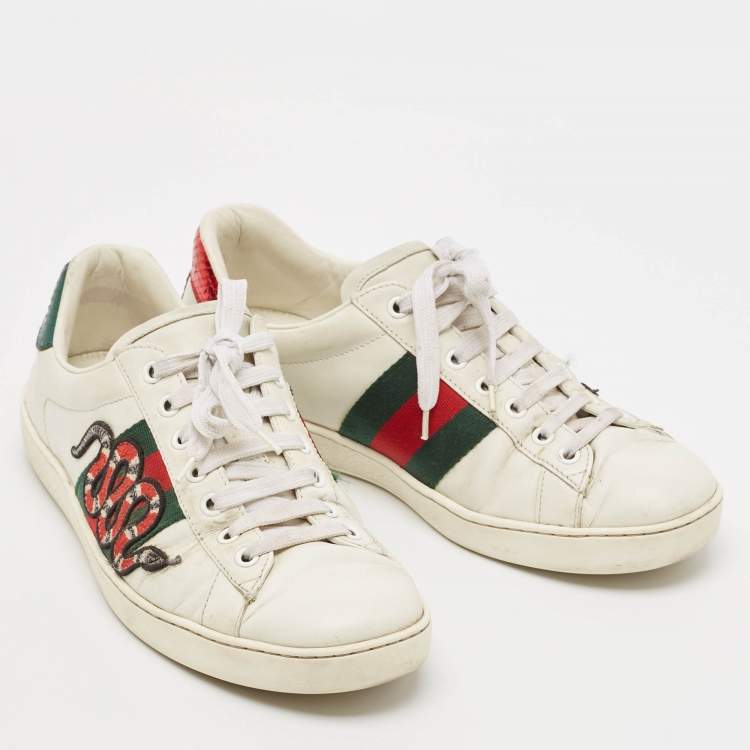 Pre Owned Gucci White Leather and Python Embossed Embroidered Snake Ace Sneakers Size 41
