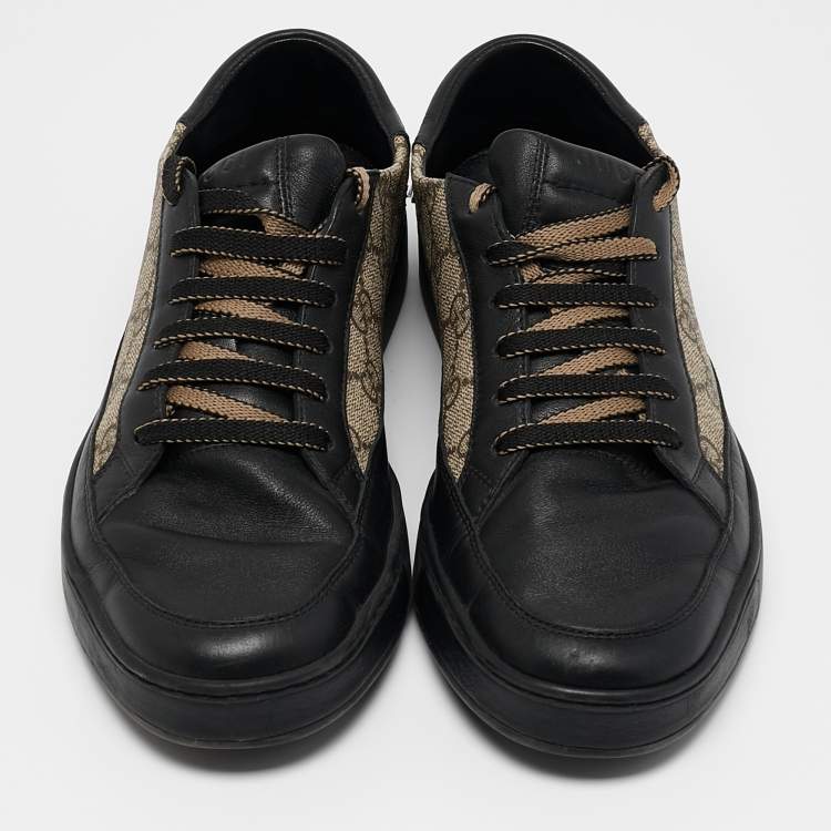 Pre Owned Gucci Black/Beige Leather and GG Supreme Canvas Low Top Sneakers Size 41