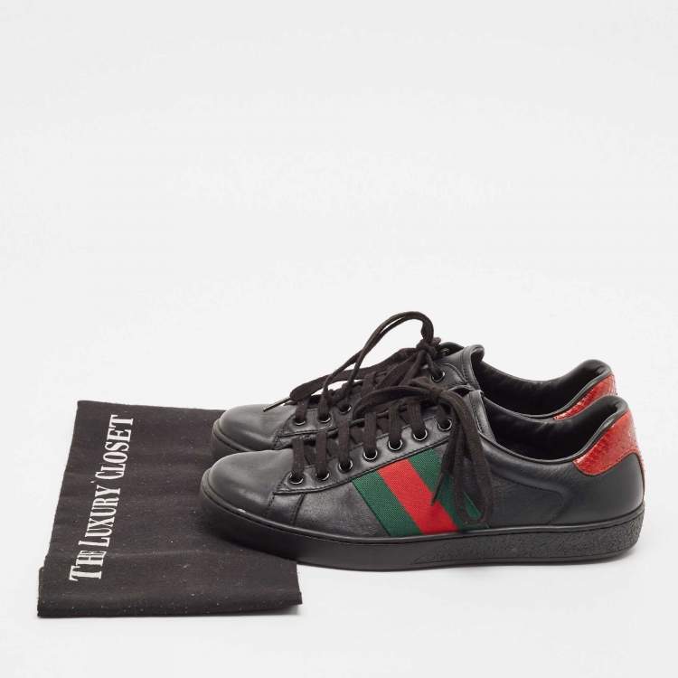Pre Owned Gucci Black Leather and Python Embossed Leather Ace Low Top Sneakers Size 38.5