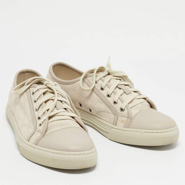 Pre Owned Gucci Off-White Leather And GG Canvas Low Top Sneakers Size 42