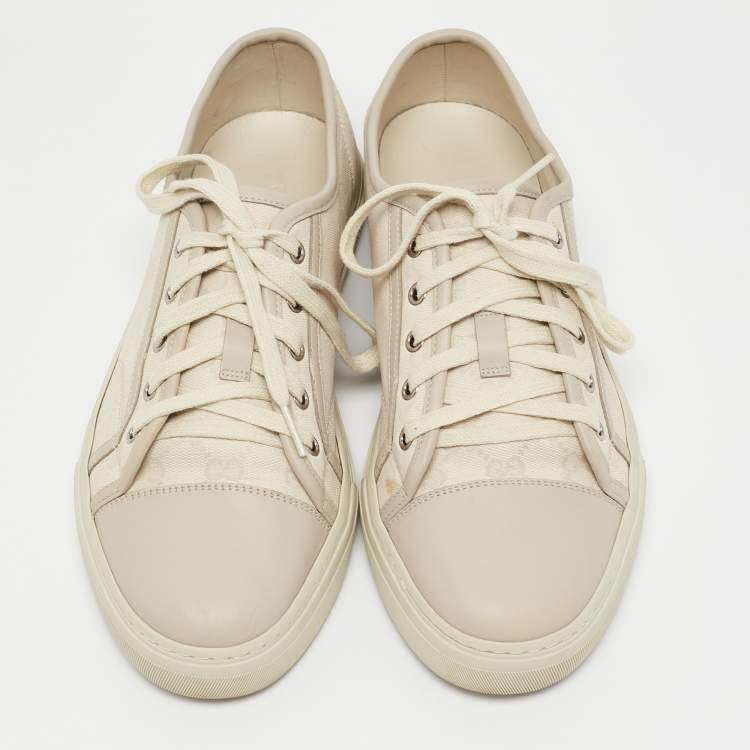Pre Owned Gucci Off-White Leather And GG Canvas Low Top Sneakers Size 42