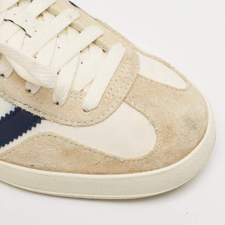 Pre Owned Adidas x Gucci White/Grey Leather and Suede Gazelle Low Top Sneakers Size 41.5