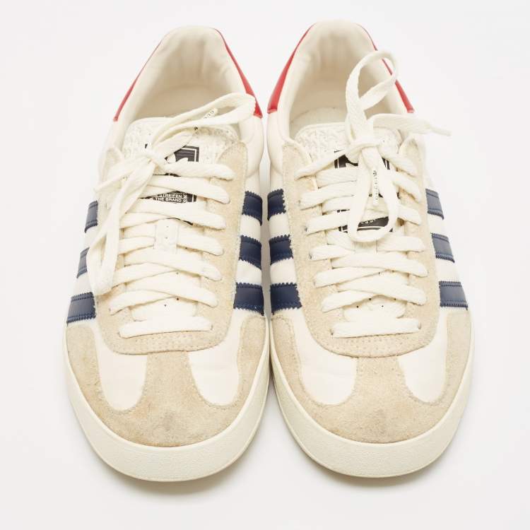 Pre Owned Adidas x Gucci White/Grey Leather and Suede Gazelle Low Top Sneakers Size 41.5
