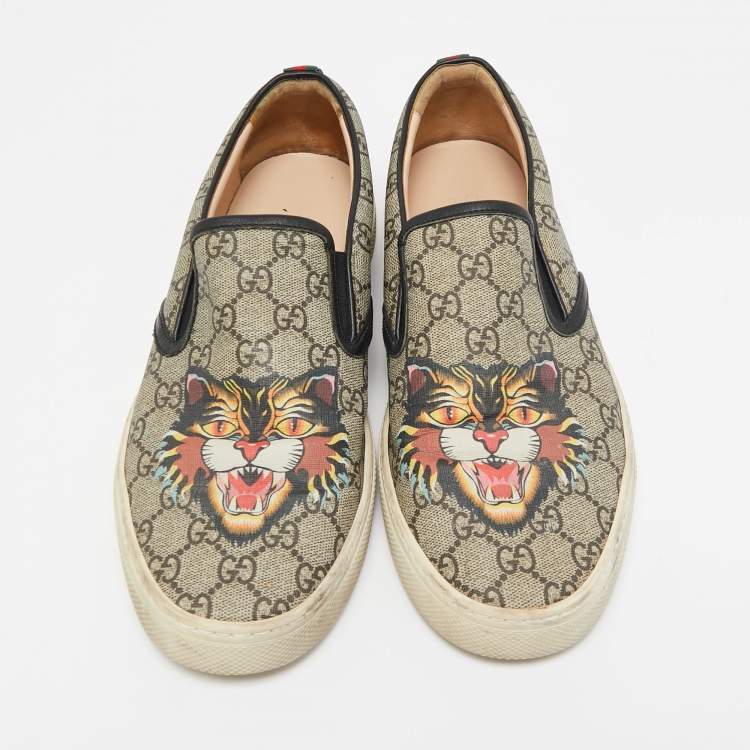 Pre Owned Gucci Black/Beige GG Supreme Canvas Tiger Print Slip On Sneakers Size 43