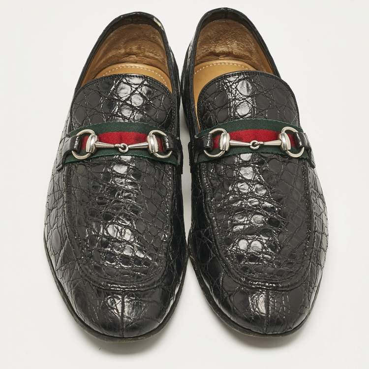 Pre Owned Gucci Black Crocodile Horsebit Web Detail Slip On Loafers Size 43.5
