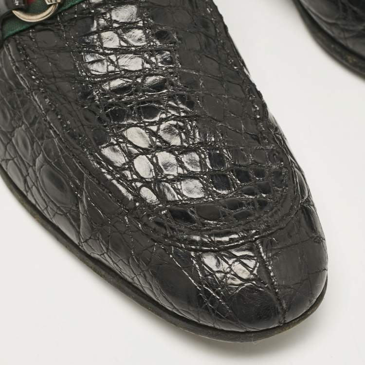 Pre Owned Gucci Black Crocodile Horsebit Web Detail Slip On Loafers Size 43.5