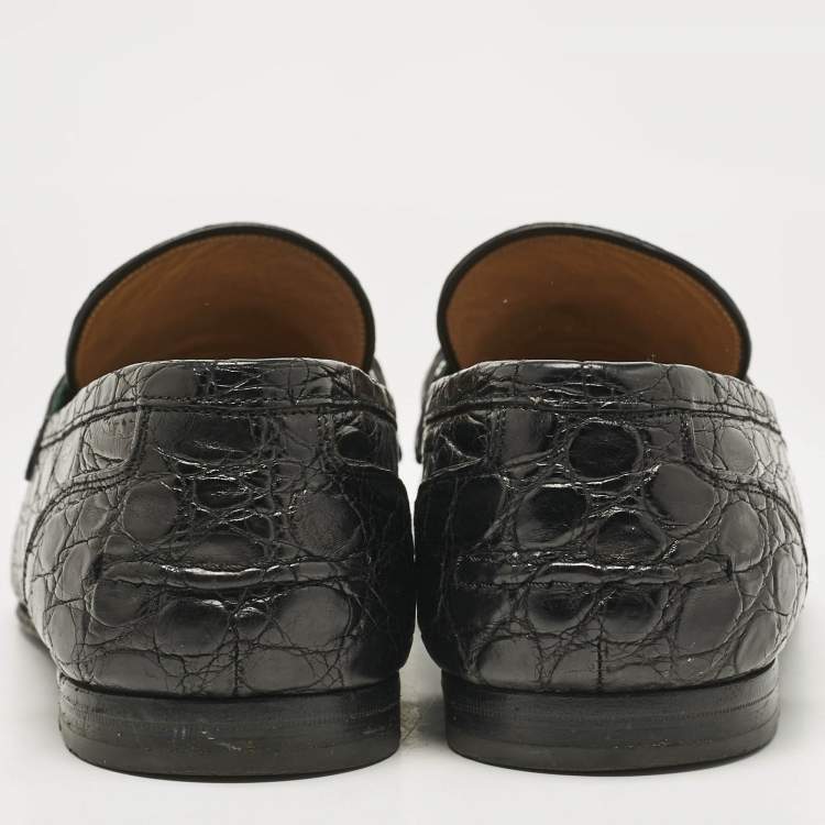 Pre Owned Gucci Black Crocodile Horsebit Web Detail Slip On Loafers Size 43.5