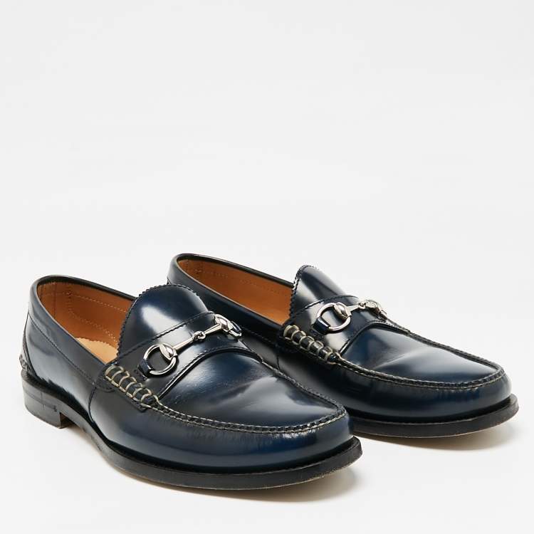 Pre Owned Gucci Navy Blue Leather Horsebit Slip On Loafers Size 46