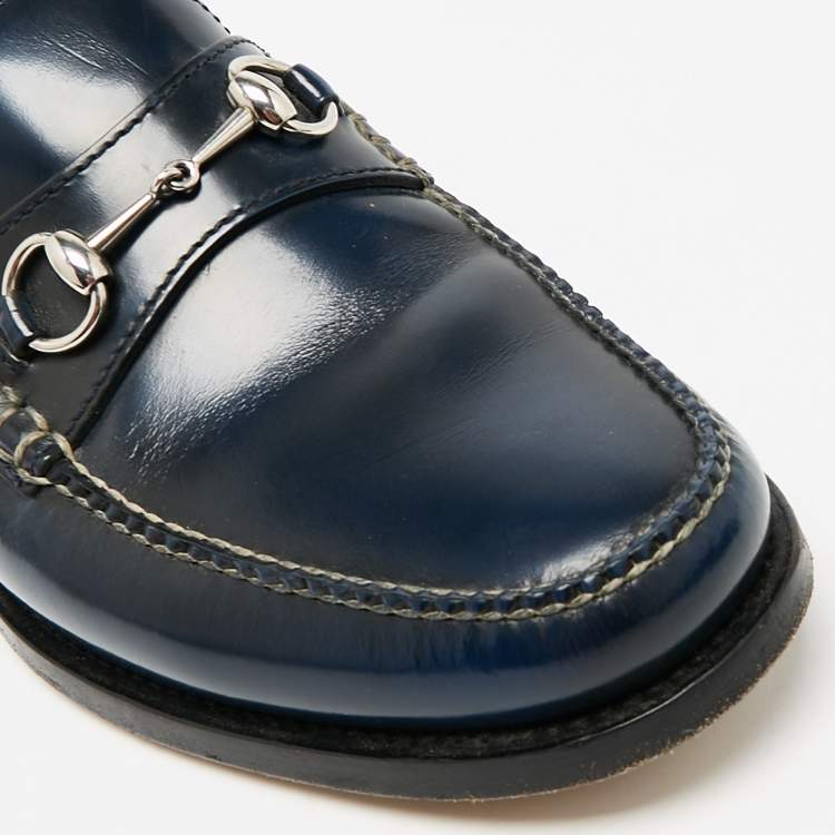 Pre Owned Gucci Navy Blue Leather Horsebit Slip On Loafers Size 46