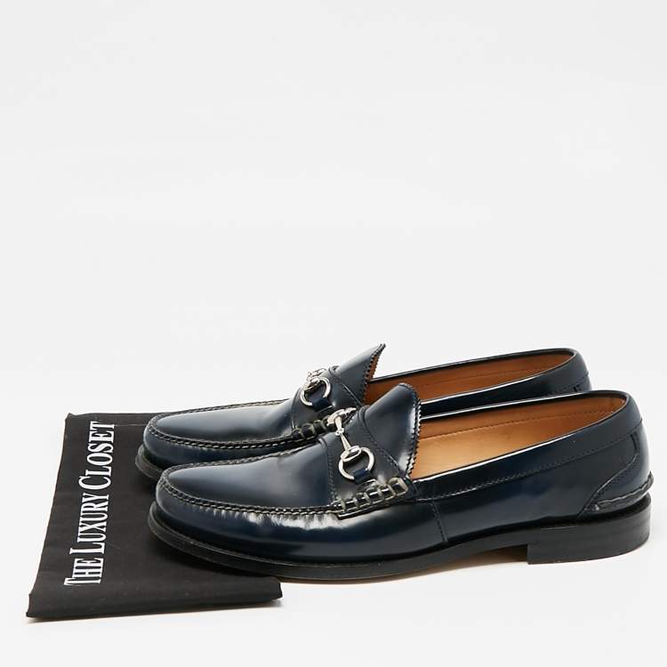 Pre Owned Gucci Navy Blue Leather Horsebit Slip On Loafers Size 46