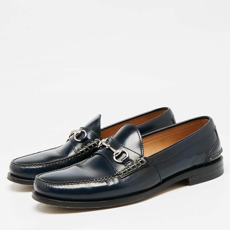 Pre Owned Gucci Navy Blue Leather Horsebit Slip On Loafers Size 46