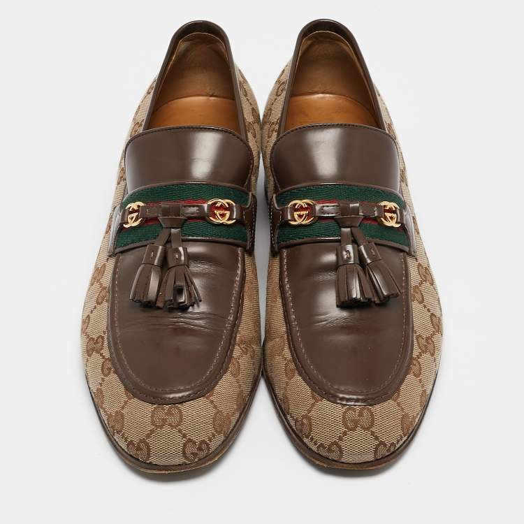 Pre Owned Gucci Beige/Brown GG Canvas and Leather Paride Loafers Size 42