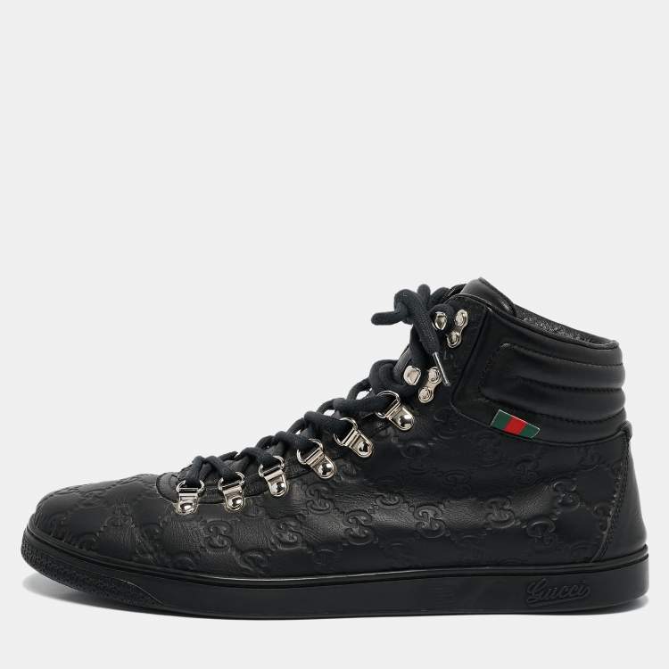 مملوكة مسبقًا Gucci Black Guccissima Leather Web High Top Sneakers Size 44