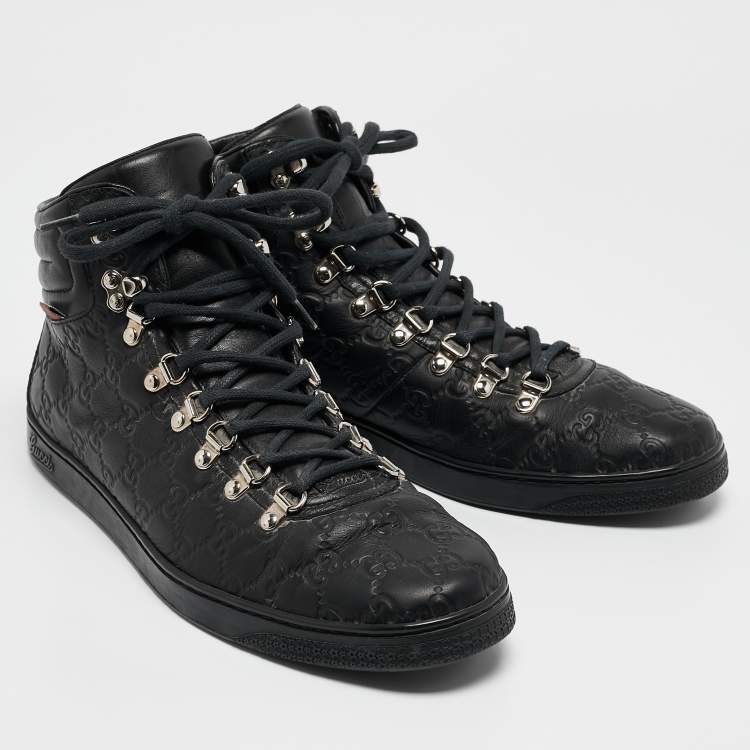 مملوكة مسبقًا Gucci Black Guccissima Leather Web High Top Sneakers Size 44