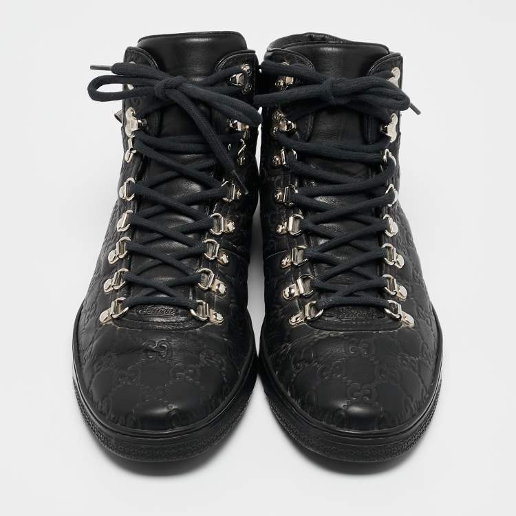 مملوكة مسبقًا Gucci Black Guccissima Leather Web High Top Sneakers Size 44